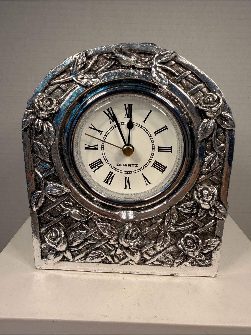 Royal Gallery of Silver Trellis Clock with Roses and Roman
Numerals 5"